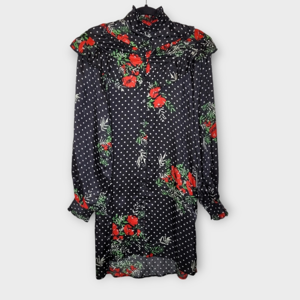 Circus Hotel Long Sleeve Satin Mockneck Shirtdress S IT 40 Polkadot Floral
